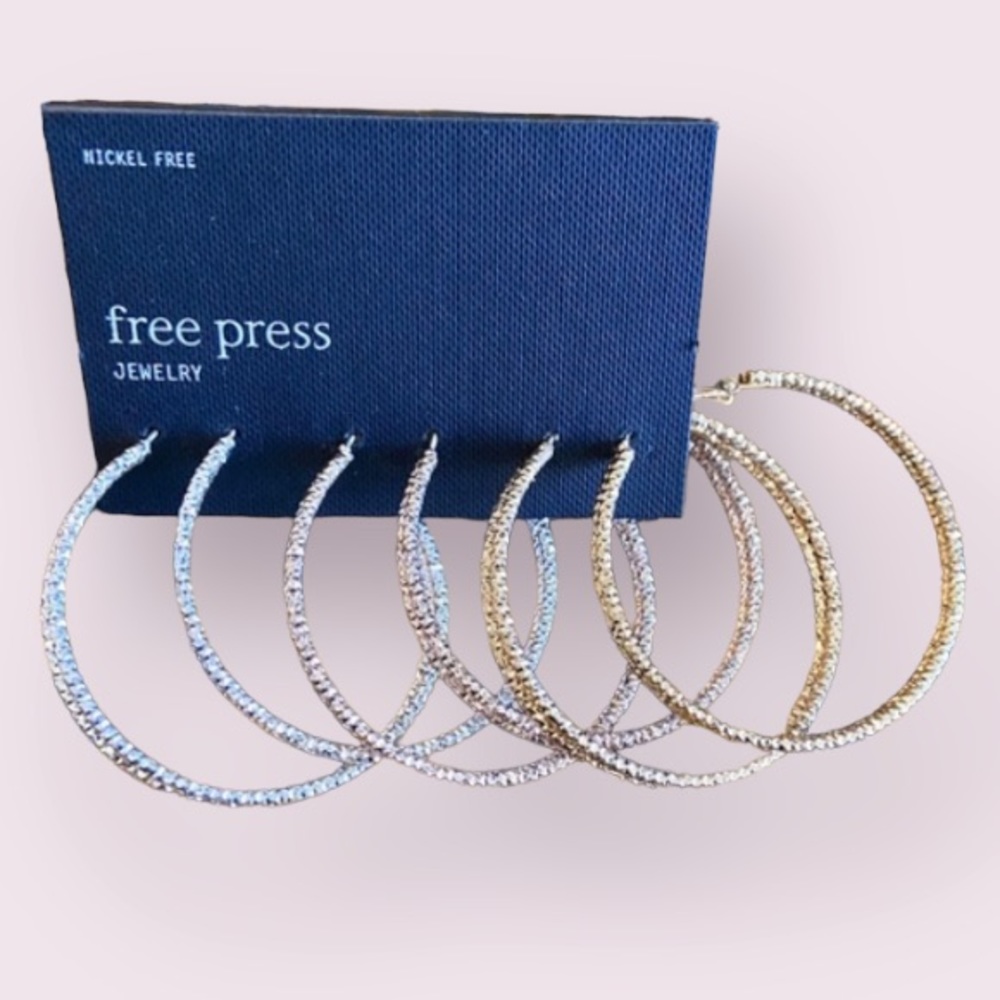 Free Press Multi Metal Hoop Earrings Set of 3 Pairs, Gold, Silver & Rose Gold